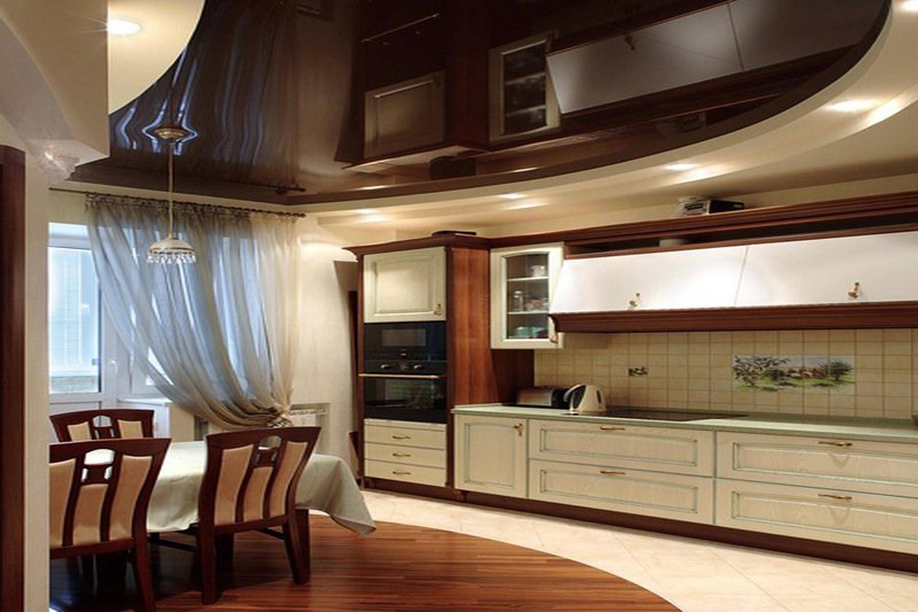 Натяжной потолок на кухне - фото двухуровневого глянцевого, матового натяжного потолока и освещения на кухне.
