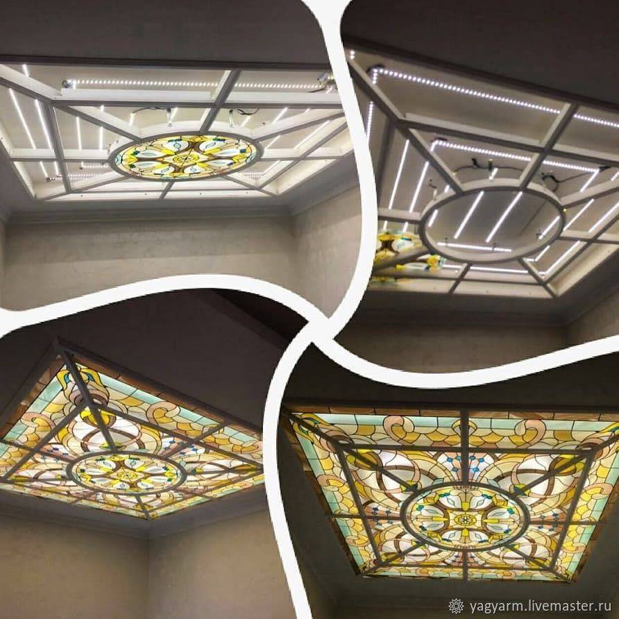 Витражные потолки (60 фото): витражи с подсветкой на потолке в стиле «лофт», примеры в интерьере, чем подсветить витражную плёнку