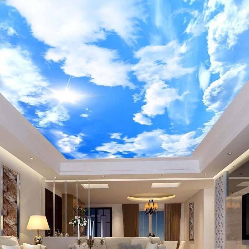 Натяжной потолок «небо» (36 фото): потолочные покрытия в виде живописных холстов, голубое небо и облака в интерьере, отзывы