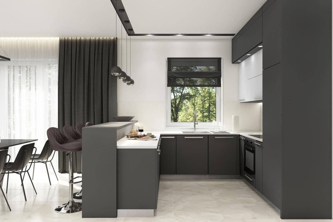 Кухня в стиле минимализм - фото интерьера кухни гостиной в стиле минимализм, шторы, мебель и кухонный гарнитур в стиле минимализм.