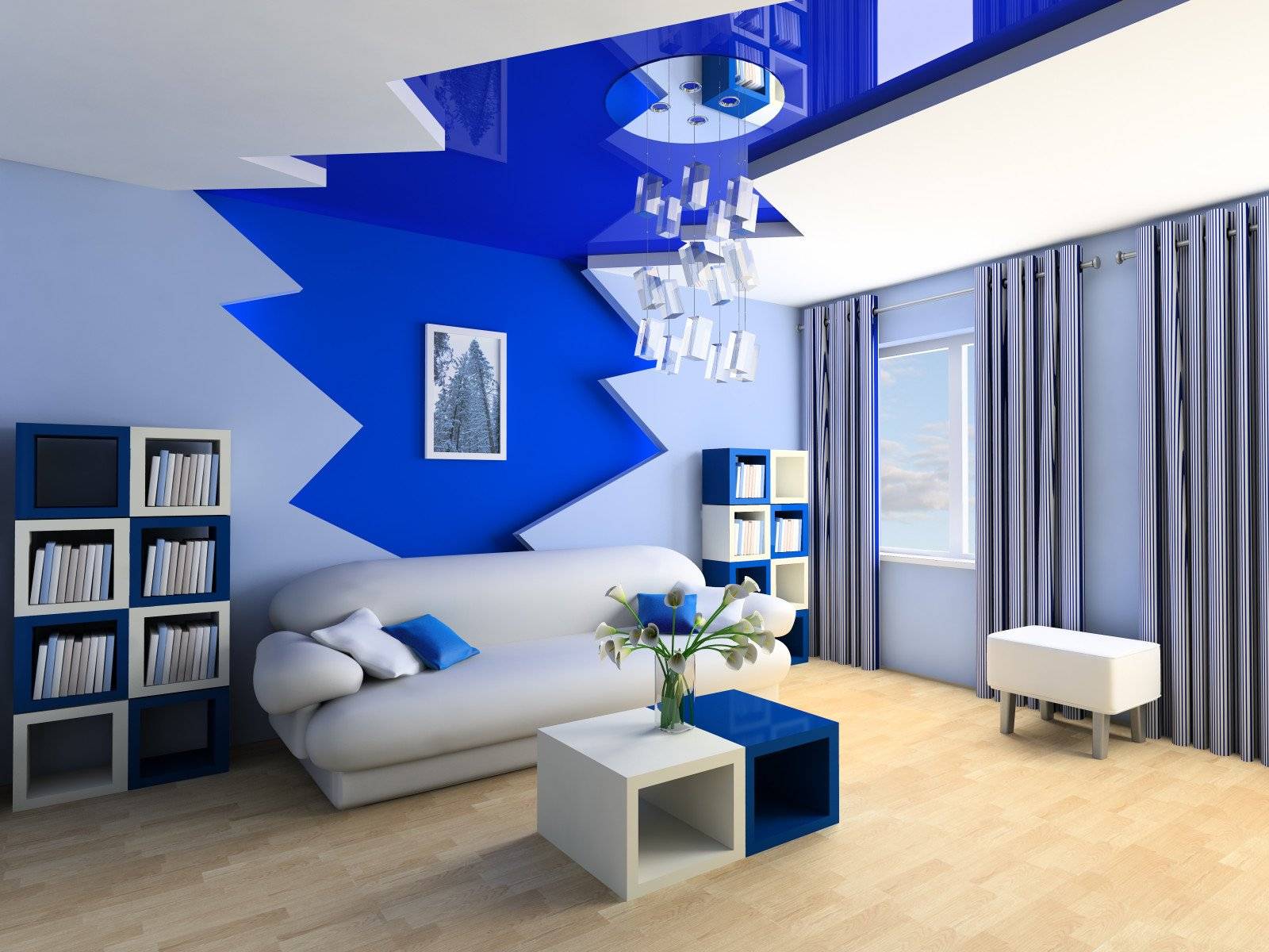 Голубые обои в интерьере: какие подобрать шторы, потолок