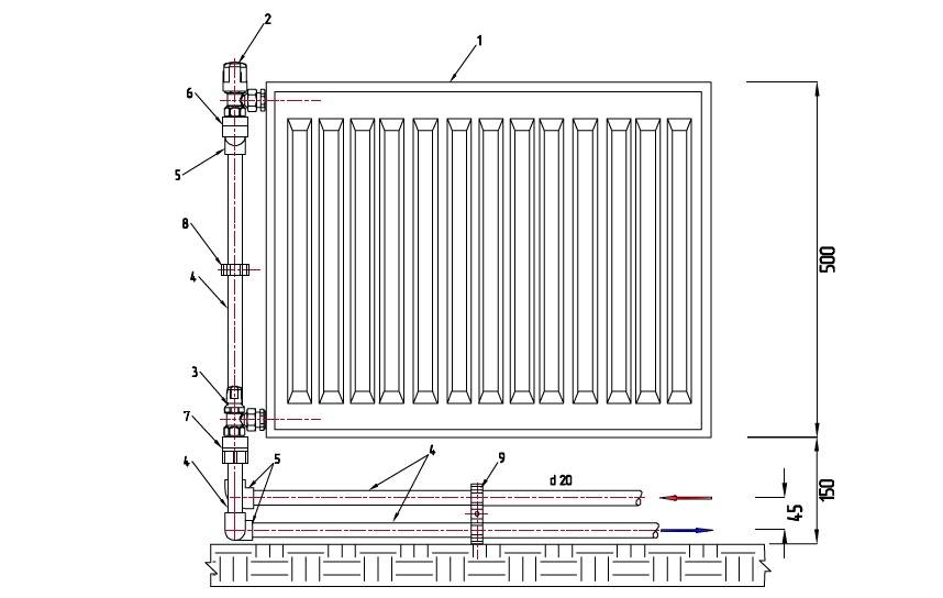 Схема радиатора. Схема подключения отопления с металлическим радиатором. Схема подсоединения отопительных батарей. Обвязка биметаллических радиаторов отопления. Схема обвязки радиатора отопления.
