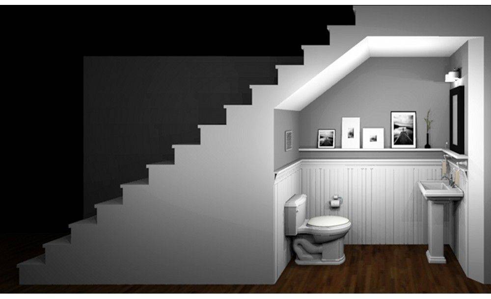 Туалет второго этажа. Санузел под лестницей. Туалет под лестницей. Ванная под лестницей. САУ узел под летсницей.