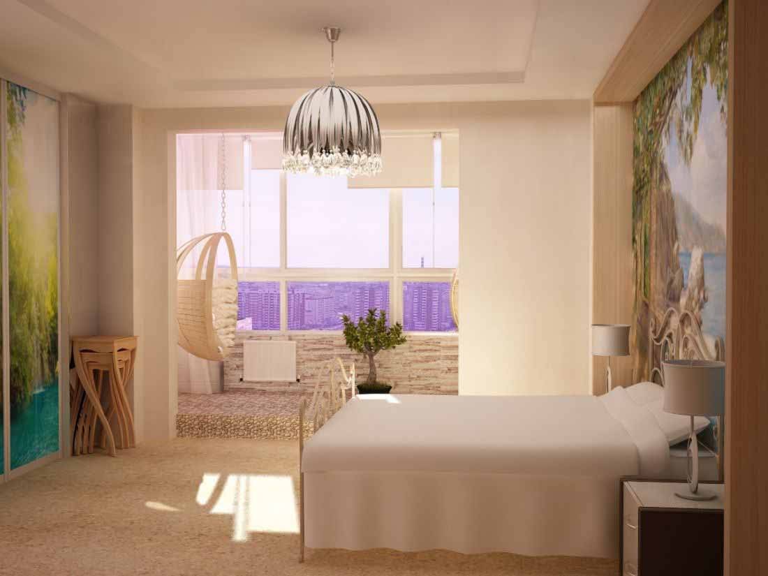 Современный дизайн спальни с балконом