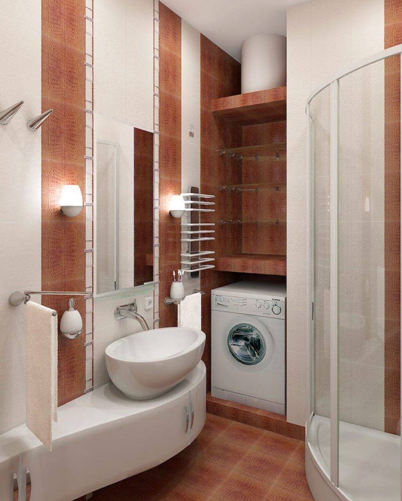 Дизайн ванной комнаты с ванной и стиральной машиной: фото интерьера маленького помещения